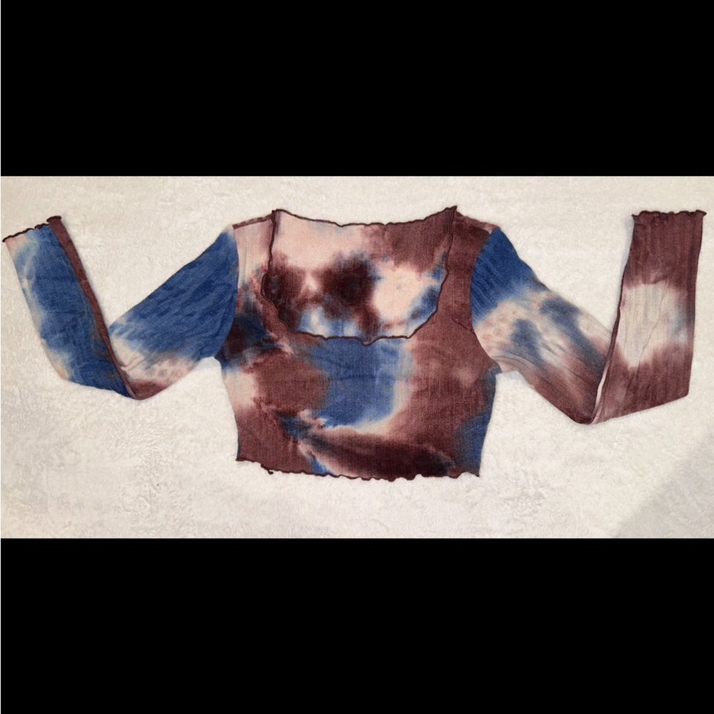 SHEIN Blue and Brown Long Sleeve Fitted Crop Blouse